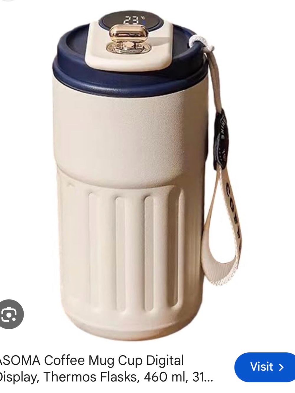 Asoma Cream & Navy Digital Travel Mug with Temperature Display no strap